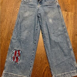 JNCO Blue Wide-Leg Jeans with Red and Black Logo